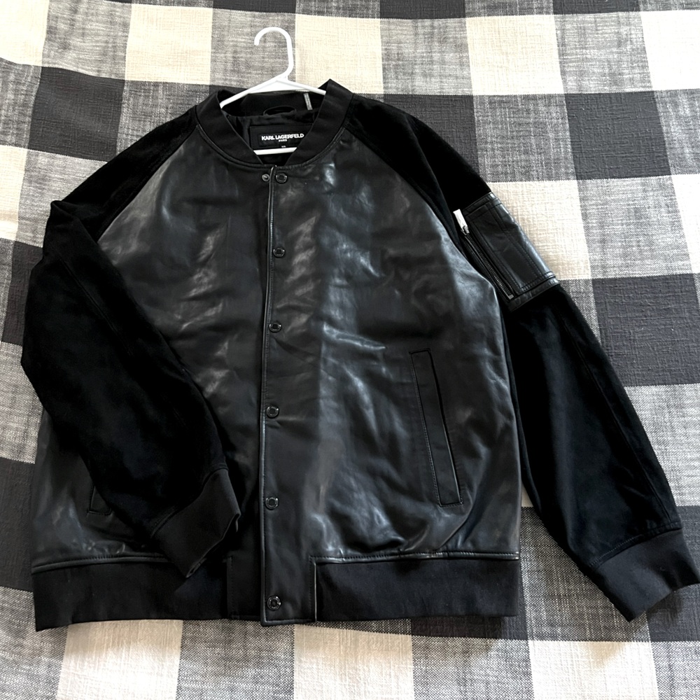 Men’s Karl Lagerfled Paris black leather and suede button up jacket